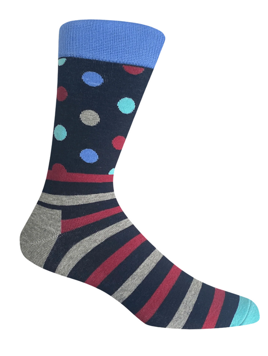 Navy cotton socks with dots and stripes by The Sockist, unisex fun socks designed for stylish comfort and personality.